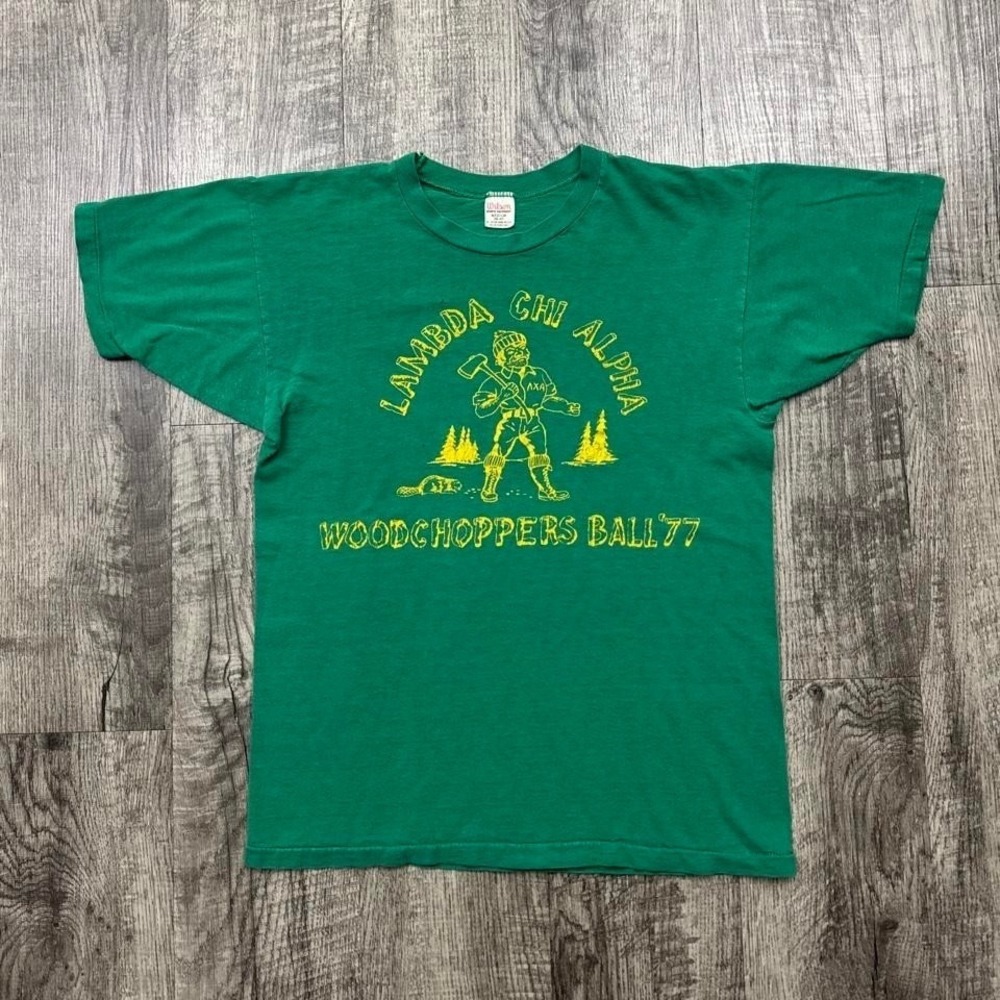 Vintage 70s Lambda Chi Alpha Woodchoppers Ball Lumberjack Fraternity Tee 1977